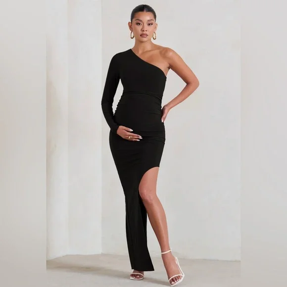 Club L London Paloma Black Maternity One Sleeve Asymmetric Maxi Dress